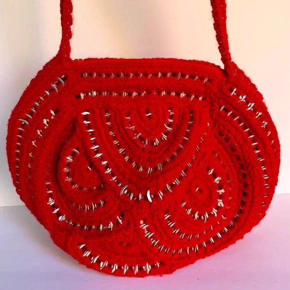 Hand Crafted Bags Vtg Soda Pop Top Crochet Purse Red Retro 7s